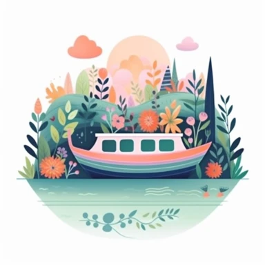 Clipart, isolated on white background, beautiful cuteboat by the lake , forest woodland nature landscape scenery, plants and flowers, ornated, pastel colors
