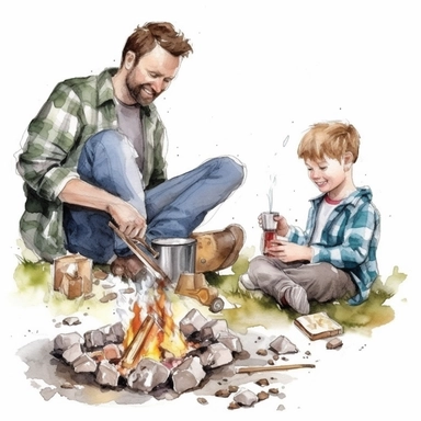 A father and son camping, sitting around a campfire and roasting marshmallows, Watercolor, Clipart, detailed, high resolution, transparent background PNG