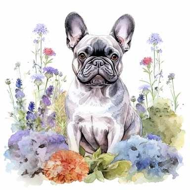 high detailed, Hand drawn watercolor clipart of a happy French Bulldog in a garden france, on a pure white background for background removal, no shadow, no paint splash
