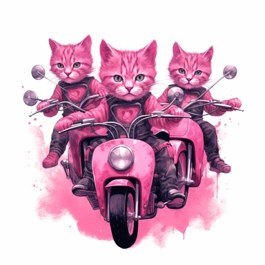Create a clipart of a group of cats riding pink motorcycles together, perhaps forming a motorcycle gang. Low detail. White background, soft lighting. In the style of Bob Ross