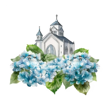 wedding day catholic white church, hydrangea flowers, watercolor clipart, pure white background, sharp details and ultra HD