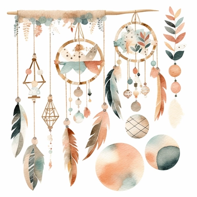 Create watercolor clipart of a boho baby mobile, featuring items such as geometric shapes, pom poms, and wooden beads. Use intricate patterns and muted colors to capture the playful yet understated boho vibe, white background