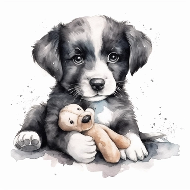Watercolor puppy playing, with cuddly toy bone Clipart - cute puppy , Colour of black and silver, white background, vector art, high definition, clip art, ar 2:2