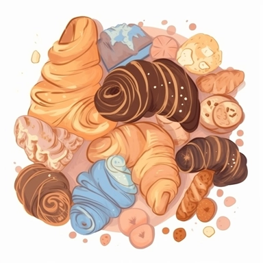Anime chocolate croissant object Flat lay. Terracotta, blue, orange, blush, pink, ivory, beige and gold Clipart
