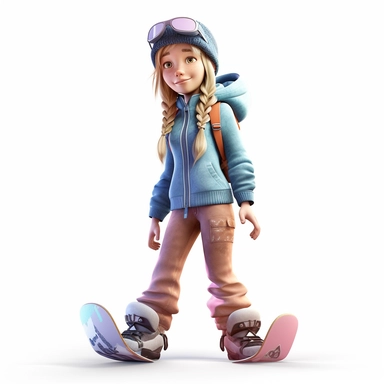 cute young girl snowboarding , smiling, full body, downhill snowboard clipart, Sport graphics, 16k polished, isolated on white background, 3d, hyperrealist, Octane Render, Extremely detailed,rendered by pixar, isolated on white background