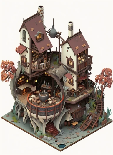 enamel 3D isometric bohemian medieval fantasy steampunk luxurious tavern inn onsen, ukiyo-e clipart illustration, white background