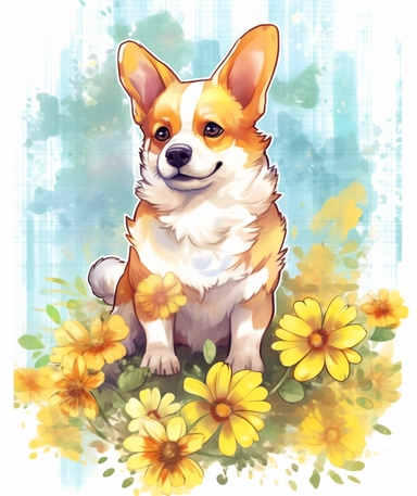 a corgi petting the flowers, animal png clipart, in the style of bold manga lines, gold leaf, rough, yellow and white, hd, justin bua, full body