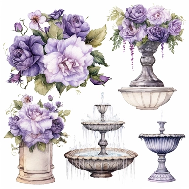 vintage purple rose fountains clipart set handwriting on white background