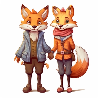 2 foxes, male, female, holding hands, cartoon, childrens book sytle, clipart, white background