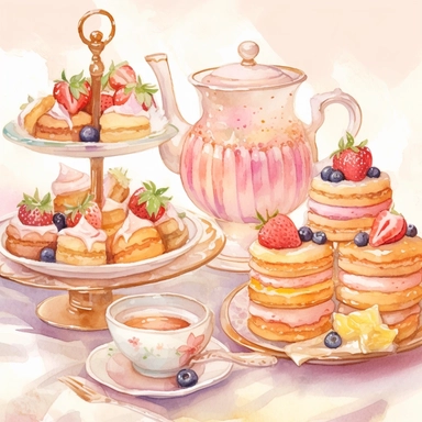 various the cups and teapots in the set with dessert table at a pink rose-themed tea party reminiscent of the traditional British afternoon tea, with a touch of love, featuring an assortment of delectable treats cartoon style, watercolor, pastel color palette, sunday afternoon tea time, different elements of tea time style, clipart, white background