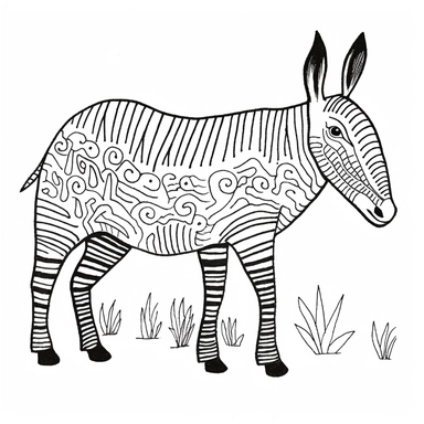 Draw a clipart-style black and white illustration of a friendly and curious Tapir with a long nose and brown coat. Use simple outlines and bold lines, leaving space for children to color. Add a simple and linear black and white background that fits the anecdote and is easy to color. Make sure to keep it toon-like and cartoonish. Black ink on white.