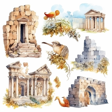 watercolor turkey ephesus ruins, illustrations clipart set, simple, , cartoon elements ,different variants ,marble elements, separate elements with a margin