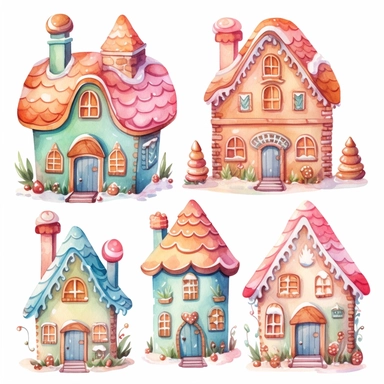 very simple watercolour childrens book style drawing of different cute gingerbread houses, pastel colours soft on white background for clipart, 8k