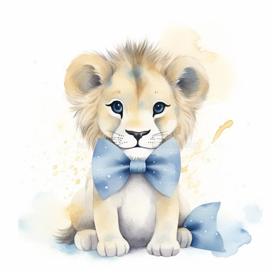 cute plush lion with bow tie , clipart, illustration, blue soft pastel and cream colors, full textured paper background, beautiful art, 8k, white background, Watercolor, no title and no watermark