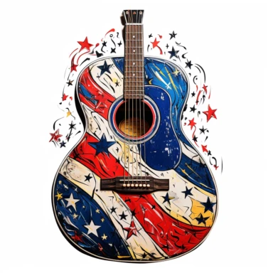 An acoustic guitar painted in stars and stripes, representing music and festivities, isolated on a white background, abstract expressionist style, clipart,