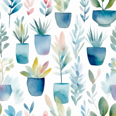 seamless pattern, colorful abstract pot plant, modern art, light blue colors, watercolor clipart, white background, minimalist, abstract, simplistic