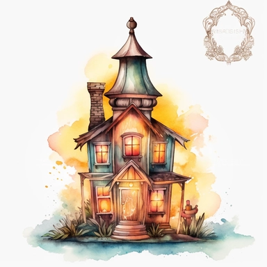 a Candle House watercolor Clipart sublimation clipart graphic, full body, clipart, sticker, a single picture, cartoon style, highly detailed, 8k, one image in the frame--no text in the picture--