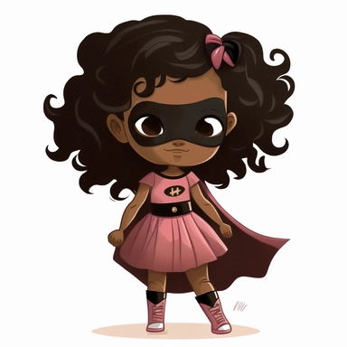 full body image of a cute, smiling little girl in modern cartoon style, looking forward with a black superhero mask and a pink dress, in clipart, C20