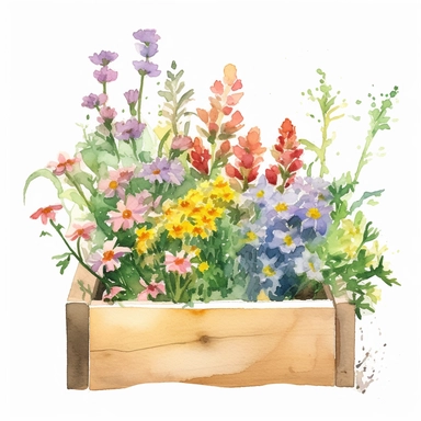 clipart, a watercolor painting of a wooden flower box filled with beautiful flowers and plants, in the style of yanjun cheng, colorful animations, rough clusters, clean and simple designs, leica cl, warm color palettes, colorful washes, white background--ar 34:33