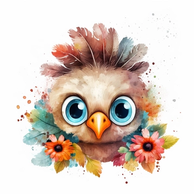cute turkey clipart with big cute eyes painted in watercolour style, splashes, floral elements, white background