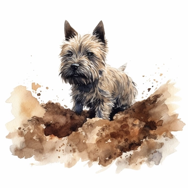 Cairn Terrier, digging in the dirt, watercolor, Clipart, white background, no text, no caption