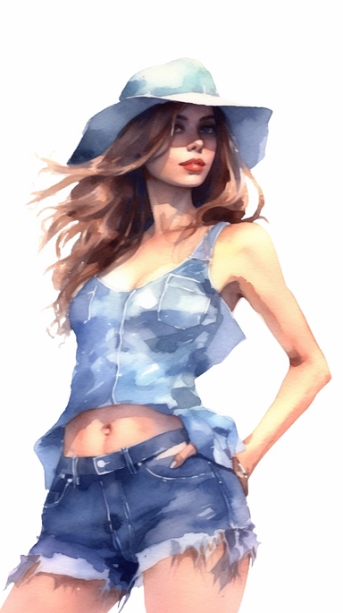 watercolor stylized clipart of a gorgeous unshaved french woman bombshell with hairy armpits in a white croptop and denim shorts, posing, epic light, chaotic,