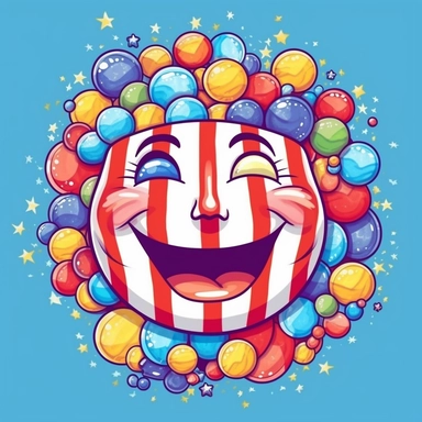 isolated flat clipart on a white background of a cute Fourth of July themed happy cartoon face candy throwing up a rainbow with stars on a blue background and red horizontal stripes tshirt design graphic, in the style of daniel f. gerhartz, transcendent, nikon d850, art of burma, captures the essence of nature, in the style of organic forms and patterns, expansive skies, hyper-detailed illustrations, i can't believe how beautiful this is, lively colors
