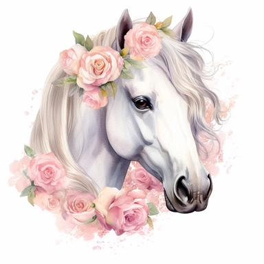 Isolated on a white background, in a feminine style that is populair on Etsy, white horse with baby pink roses on her head decorated for wedding, high resolution, highly detailed, watercolor clipart illustration, soft pastel color theme, baby pink, 8k UHD isolated image on white background, hyper - realistic high definition, standing full body white horse with baby pink roses on head decorated for wedding