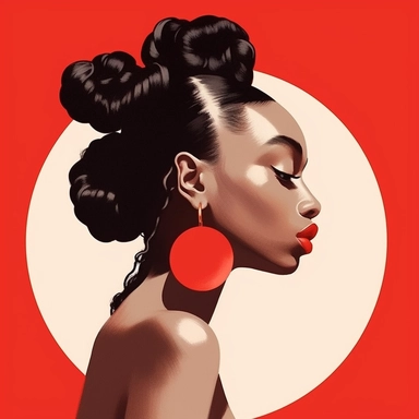 beautiful black woman facing forward , wavy hair in a ponytail with white Pearl hair clips on the side of hair slicked down, beautiful earrings, red lipstick, red circle behind her , niji art painting drawing illustration - Variations by <@1104832257438519377> (fast) - Image #2 <@1104832257438519377>