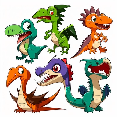 Create a set of 2D dinosaur clipart images featuring suitable for children's educational and entertainment materials. The images should be in a fun, cartoon style that is easy for children to understand and appreciate, with bright and playful colors that are appealing to kids. Pterosaurs, Pterosaurs flying in air , The background of the image should be white, and there should be no shadow, landscape, trees, flowers, leaves, plants, or text in the image