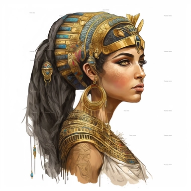 Beautiful gorgeous, ancient egypt cleopatra, white background, watercolor, hyperrealism, high detail, separate elements, set, clipart