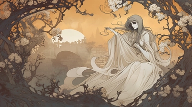 Alfons Mucha's style Halloween clip art showcasing a bewitching ghostly figure, draped in ethereal flowing garments, with long tendrils of mist and delicate chains intertwined around them, surrounded by a moonlit graveyard with crumbling tombstones and hauntingly beautiful flowers, invoking a sense of melancholy and otherworldly beauty, Artwork, acrylic painting on canvas,
