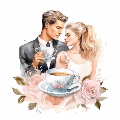 beauty couple drinking coffee, vintage cups, flower digital clipart on white background