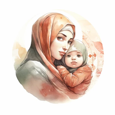 A portrait of a Muslim mother with her hijab carrying her child in her arms in a religious muslim medallion, watercolor clipart, very realistic, high details, high quality