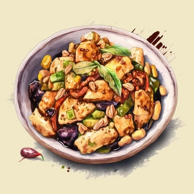 Chinese Kung Pao Chicken which ia a dish of diced chicken, peanuts, and chili peppers, all stir-fried together in a spicy and savory sauce, neutral background for the image, clipart, watercolour style
