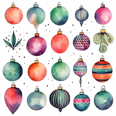 Watercolor line art, little squares filled with doodly patterns of  xmas ,ornaments and decorations , illustrations clipart set, simple, christmas colors , cartoon elements, different variants , stocking, bubble ornaments, xmas wreath, modern art, separate elements with a margin