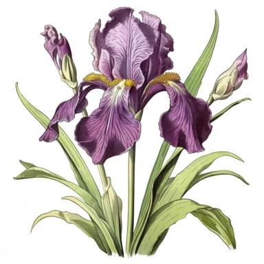 clipart, a single purple iris flower, vintage seed catalog style, Cole's garden annual 1915 , high quality Vector illustration. Isolated on a white background, no gradient, text