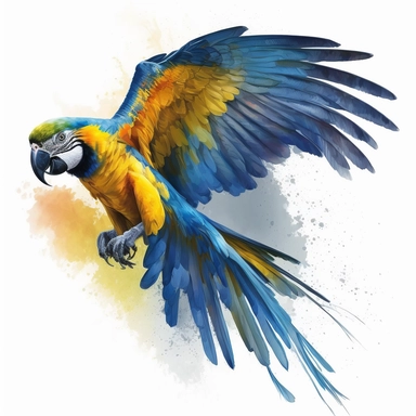 watercolour tropical beautiful magnificent flying vibrant blue and yellow macaw parrot beautifully detailed perfect facial features png image,high resolution,300dpi,graphic clipart,computer graphics