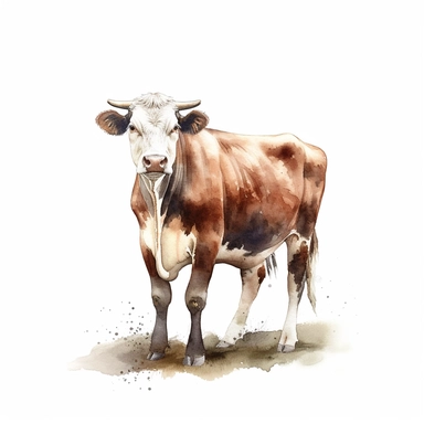 clipart, Watercolour, hand drawn, highly realistic, muted tones, beautiful, country farm cow, whole cow standing, white background, just cow looking at the camera nothing else