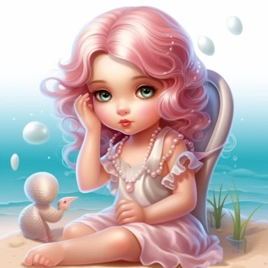 clipart of super cute baby girl in the beach white background full body, sitting on a chair on the sand, charming anime characters Thomas Kinkade Nadja Baxter Anne Stokes Nancy Noel