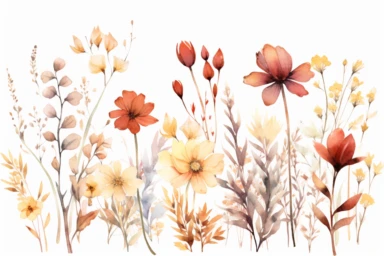 enchanted MAROON AND DUSTY YELLOW flower FIELD WATERCOLOR HAND PAINTED clipart, GREEN WILD LEAVES BETTWEEN FLOWERS AND IN THE BACK, WATERCOLOR AIRY PASTEL COLORS, VISIBLE WATERCOLOR BRUSH TOUCHES, DREAMY AND ELEGANT, COLORFUL DREAMY FLOWERS, white background, WATERCOLOR 8k,