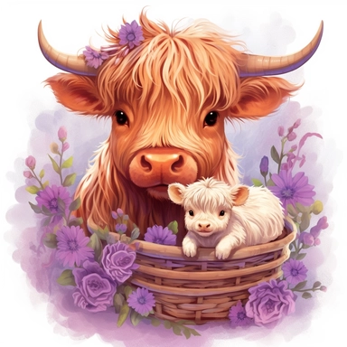 Illustrate a charming close-up clipart of a Highland Cow mom and its baby in a floral basket, showcasing their endearing expressions and capturing the sweetness of their bond, using ultra HD image quality to create an exquisite artwork that evokes a sense of love and warmth
