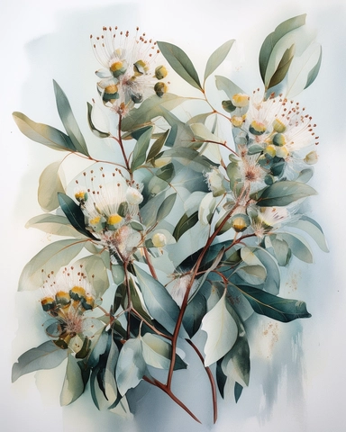 Watercolor Painting of Eucalyptus FLOWERS on white background beautiful multi - headed pale, Flora Design Patterns, Flemish Baroque by Rachel Ruysch, Behance, Rococo, Intricate Detailed, Soft Light Effect, Oil Paint Strokes, Light Academia Aesthetic Flowers, Lighting cinematic, all shown shimmering stamens, tyndall light, light effect, texture, colorful, 8k, fantasy, ray tracing, depth of field, vivid, spectacular lighting, octane rendering, highly detailed, ultra - realistic, white background, 