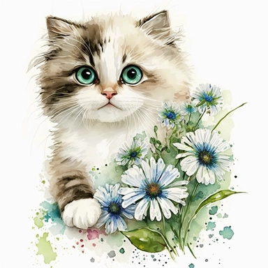 Watercolor super cute ragdoll kitten with big green eyes together with flowers clipart, white background, (--no text)