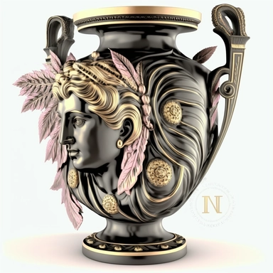 luxury office accessory, a vase in pink, gold and black colors, white background, clipart, highly detailed, Greek Goddess Hera theme