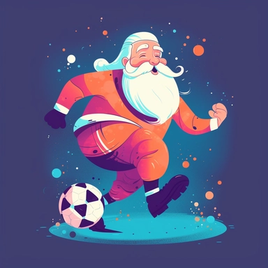 happy Santa Claus playing soccer, happy new year, children storybook illustration. 2d, vibrant luminous colors, flat style, ink Lines, clipart, white empty background, sharp, high resolution, blue pink orange warm