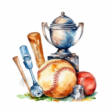 Watercolor cute little baseball trophy related items , illustrations clipart set, simple, christmas colors , cartoon elements ,different variants , championship cupseparate elements with a margin, 4k, high resolution