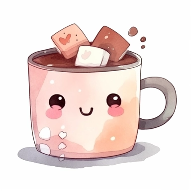 minimalist cute illustration of a cup of hot choco, watercolor art, cartoon artstyle, warm color palette, clipart, isolated on a white background, very high quality, 8k