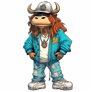 highly detailed clipart of a furry baby long haired breed cow calf like person standing up wearing a baseball cap and dressed in 2000's style hip hop rapper fashion and sneakers and jewelry. child like looking furry long haired breed of cow. Nelly the rapper style.