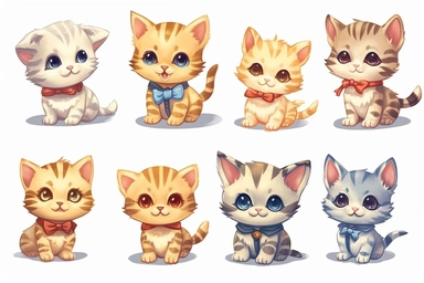 9 sets of a cute baby kitten Munchkin, smile,round face,round head,Wearing a flower bow tie,different poses,different breeds, clipart, isolated on white background, spaced out,